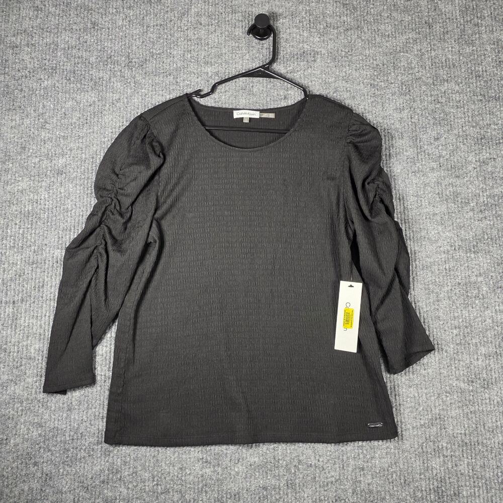 Calvin Klein Womens Large Black Textured Puff Sleeve Knit Top NWT